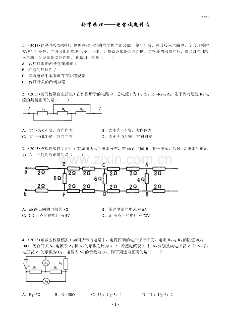 初中物理电学经典难题整理.docx_第1页