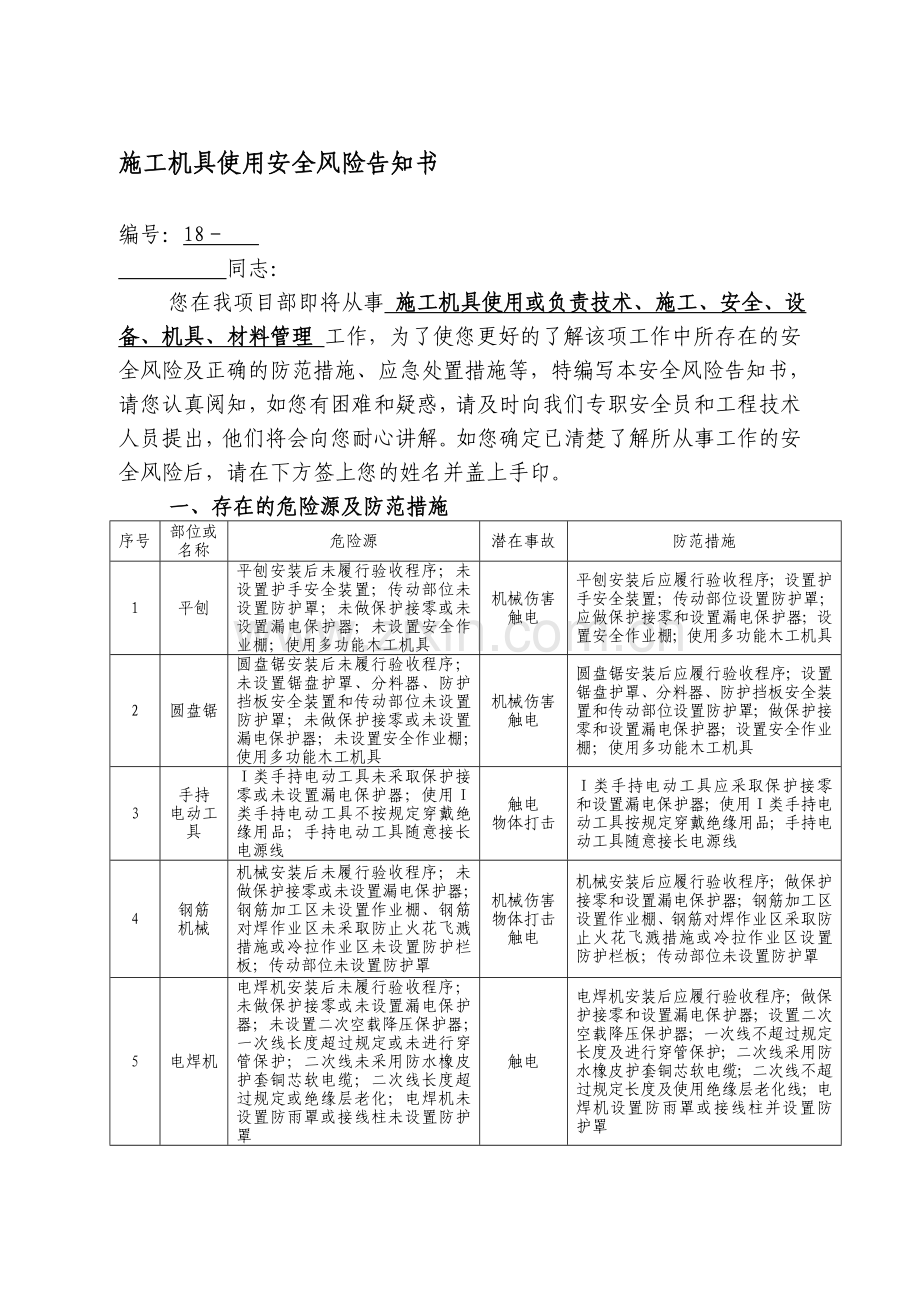 施工机具安全风险告知书.doc_第1页