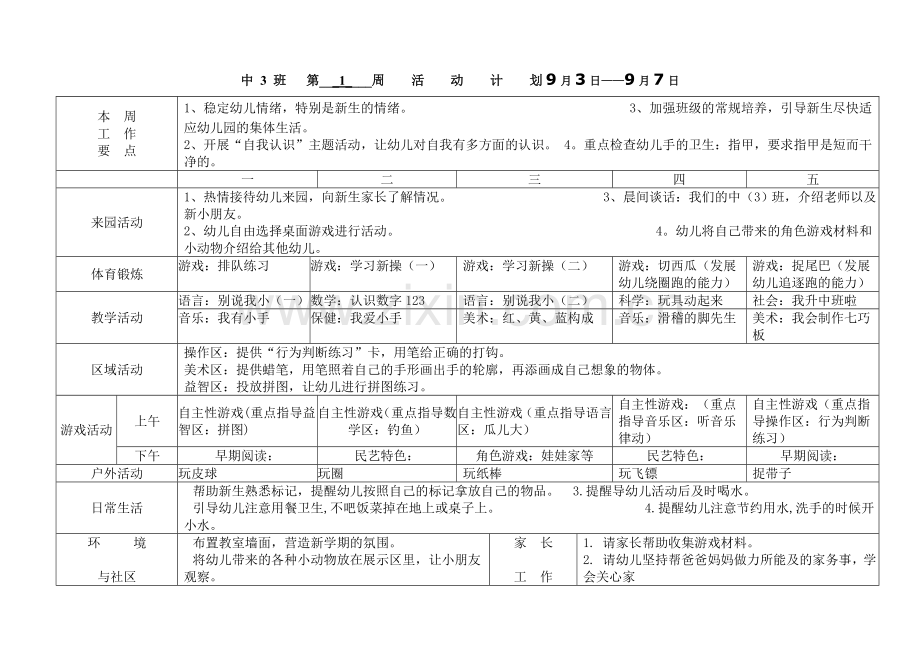 幼儿园中-班周活动计划表.doc_第1页