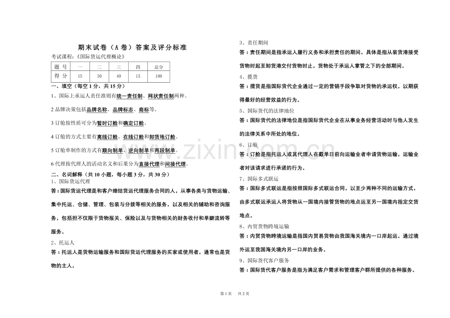 国际货运代理(A卷)答案.doc_第1页