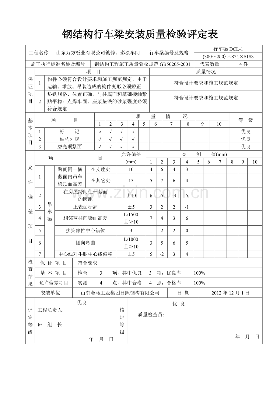 钢结构吊车梁安装分项工程质量检验评定表.doc_第1页