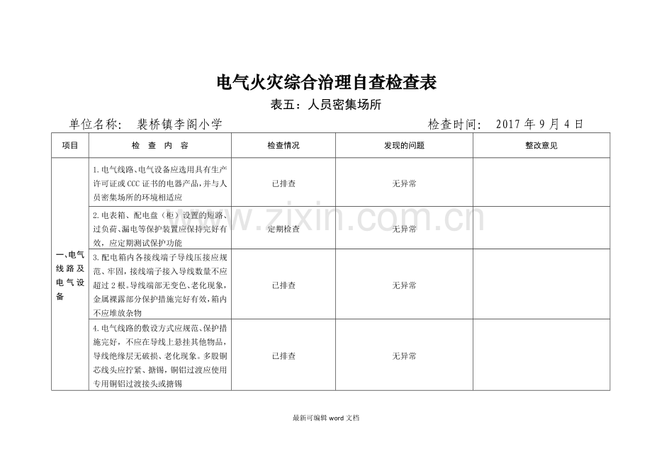 电气火灾自查检查表.doc_第1页