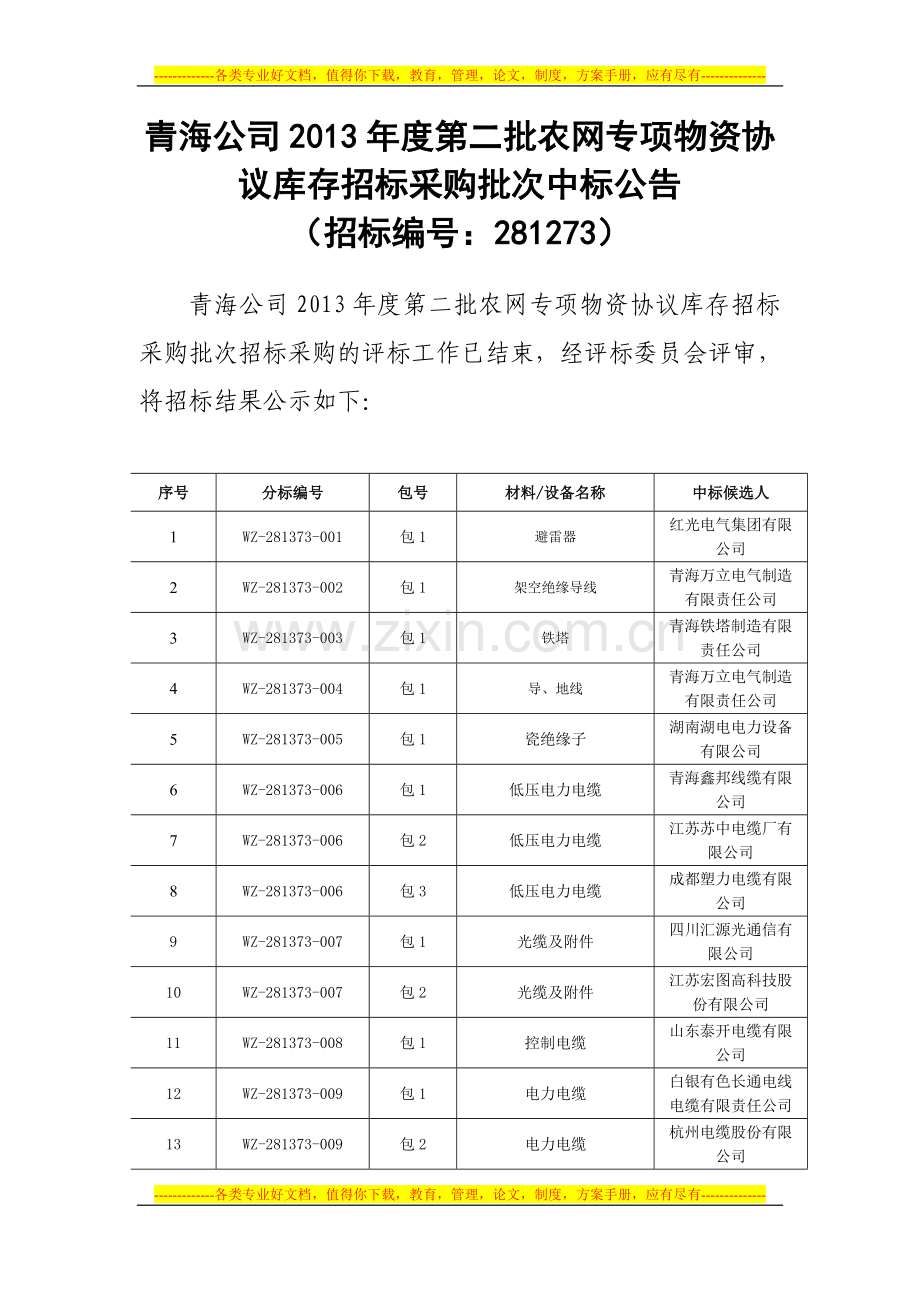 青海公司2013年度第二批农网专项物资协议库存招标采购批次.doc_第1页