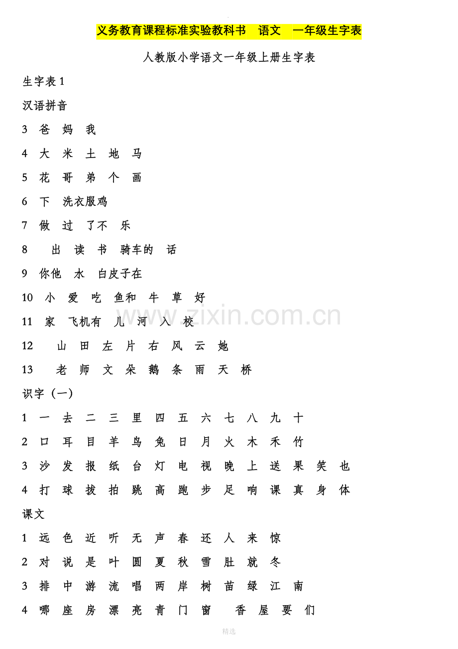 人教版小学语文一年级生字表(打印).doc_第1页