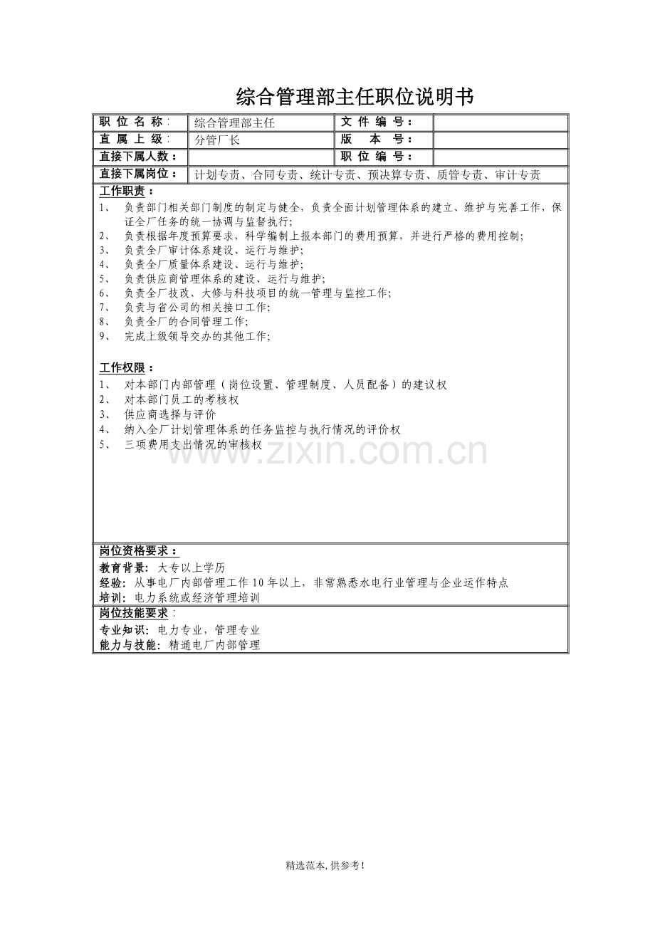 综合管理部职务说明书.doc_第1页