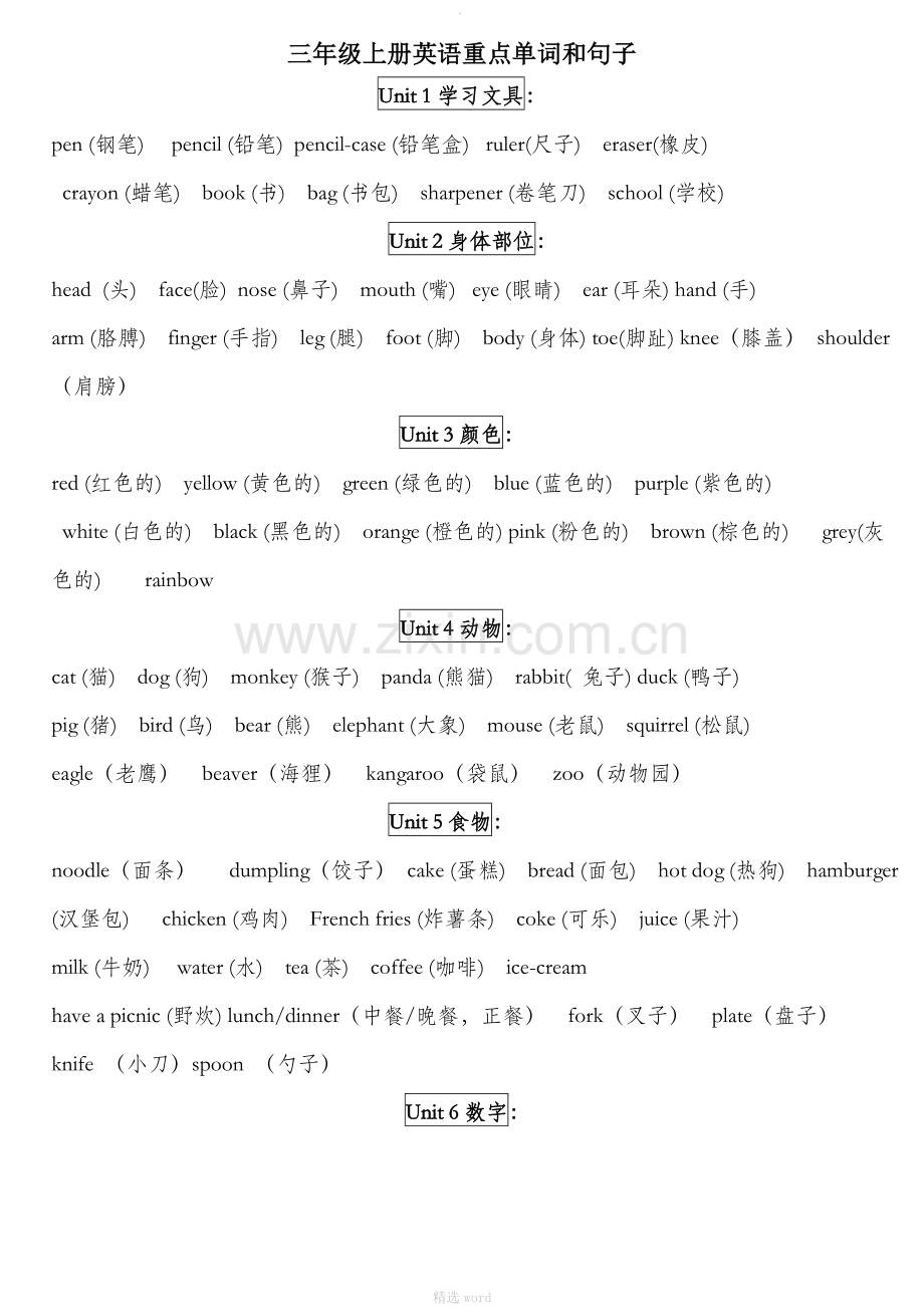 PEP人教版三年级上册英语重点单词和句子.doc_第1页