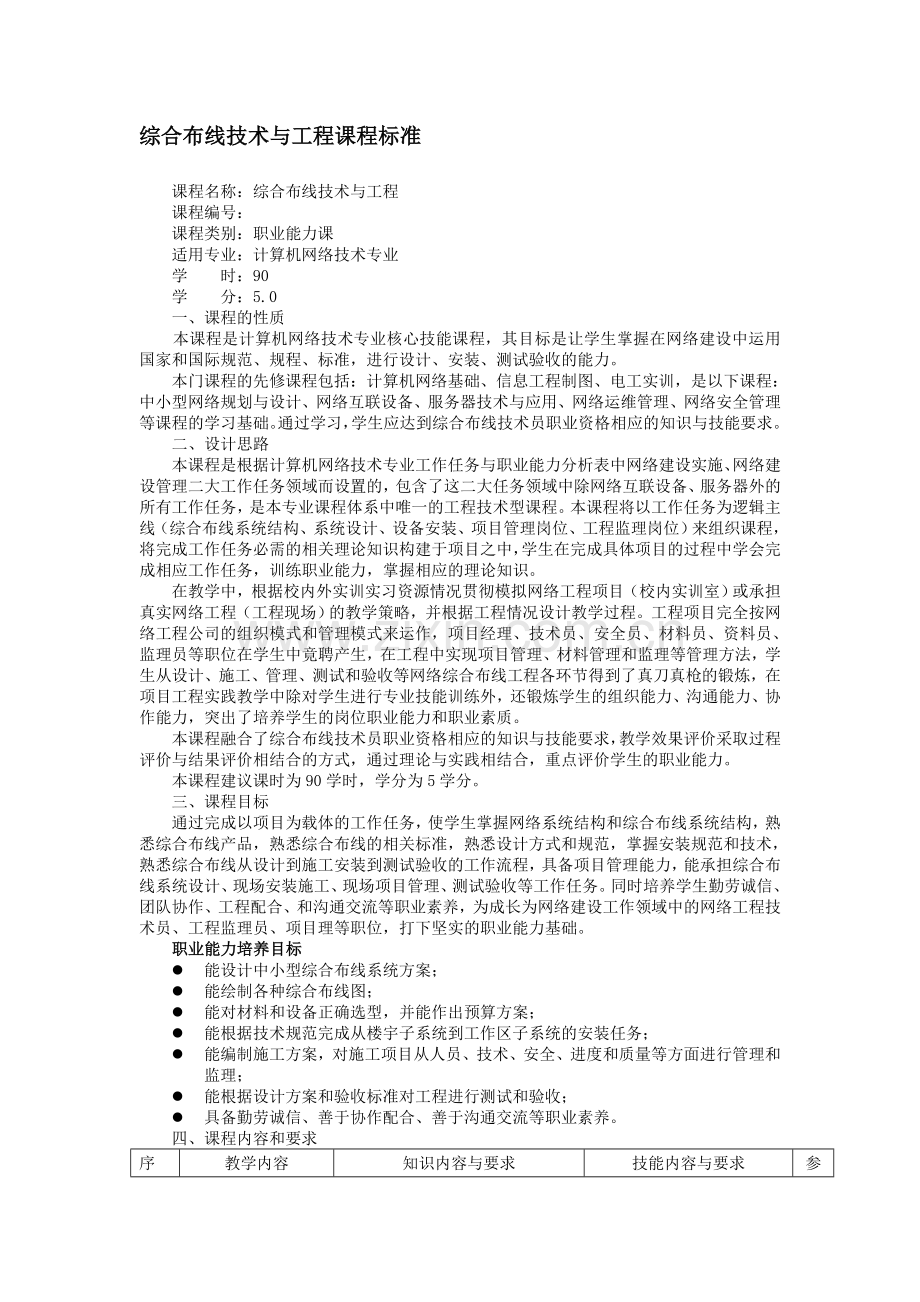 综合布线技术与工程课程标准.doc_第1页