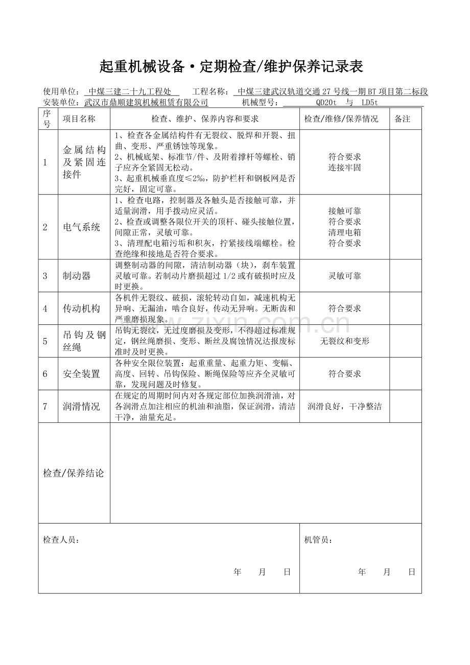 起重机械设备、维护保养记录表.doc_第1页