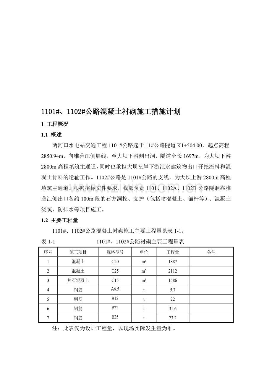 3-1101#、1102#公路混凝土衬砌施工措施计划.doc_第1页