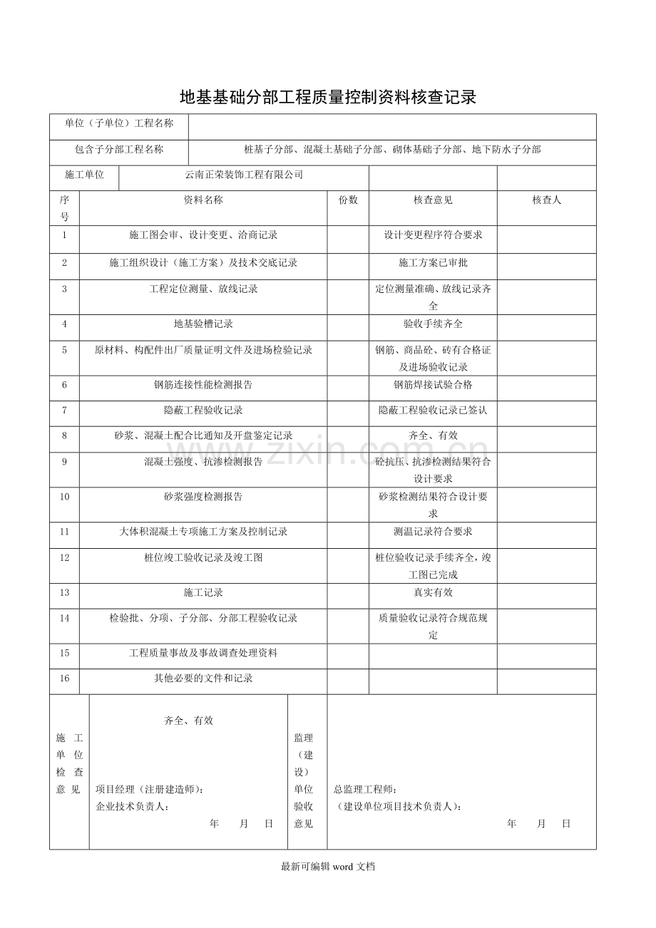 地基基础分部工程质量控制资料核查记录.doc_第1页