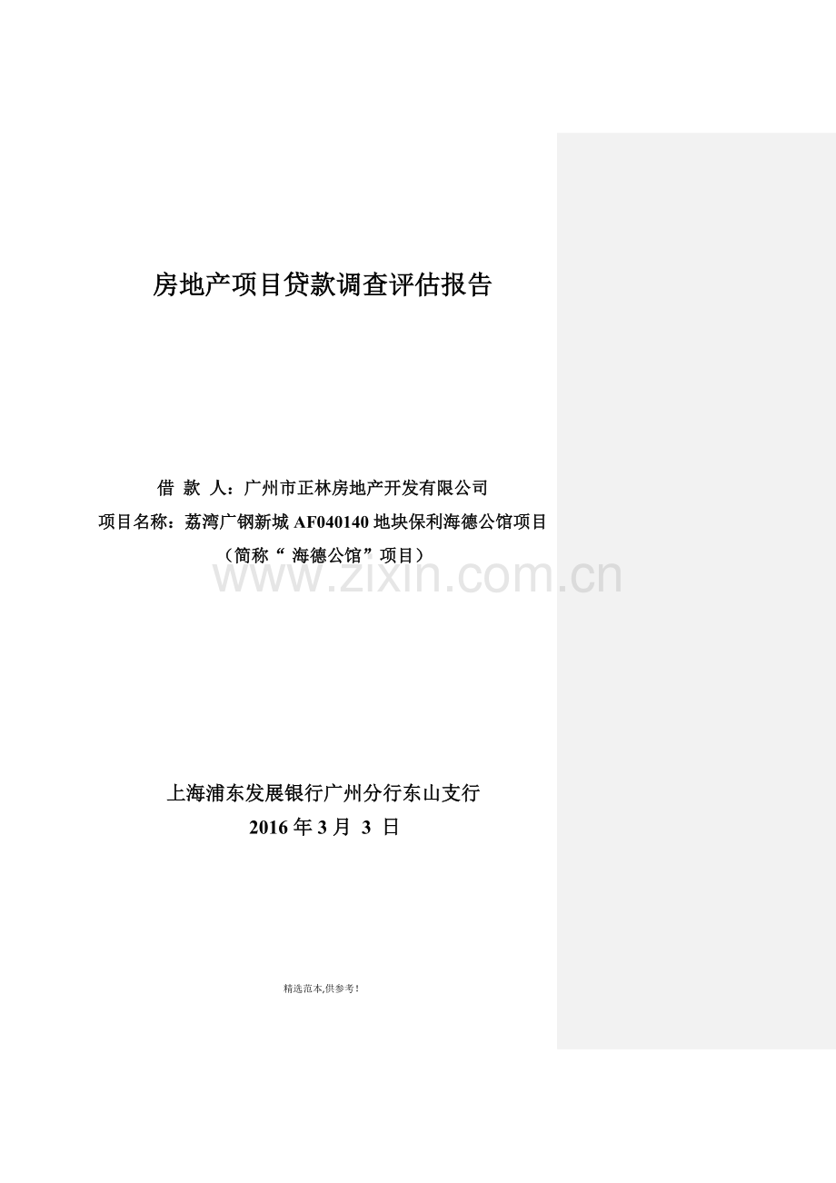 房地产项目贷款调查评估报告(浦发银行授信报告模板).doc_第1页