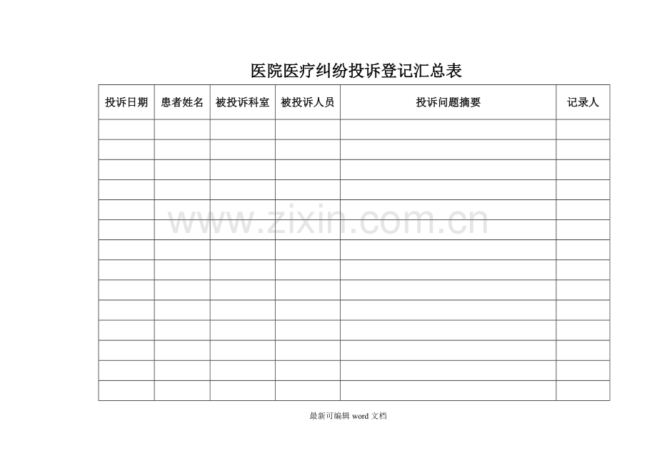 医院医疗纠纷投诉登记汇总表.doc_第1页