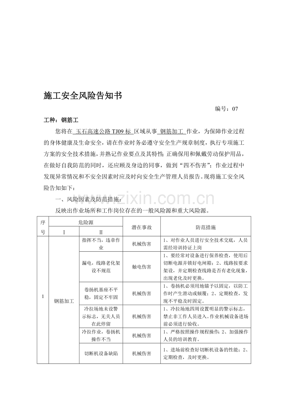 施工安全风险告知书--钢筋工.doc_第1页