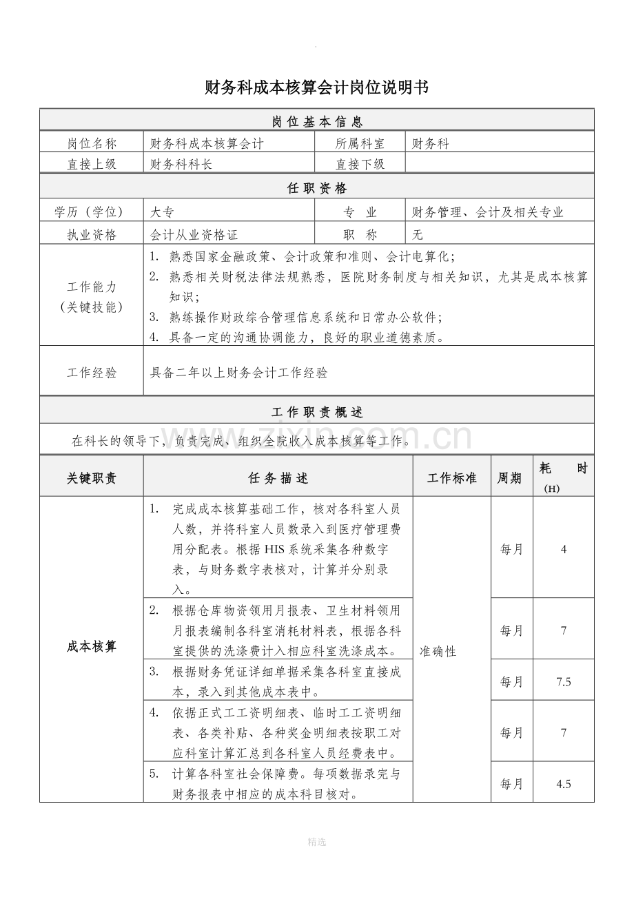 财务科-成本核算会计-岗位说明书.doc_第1页