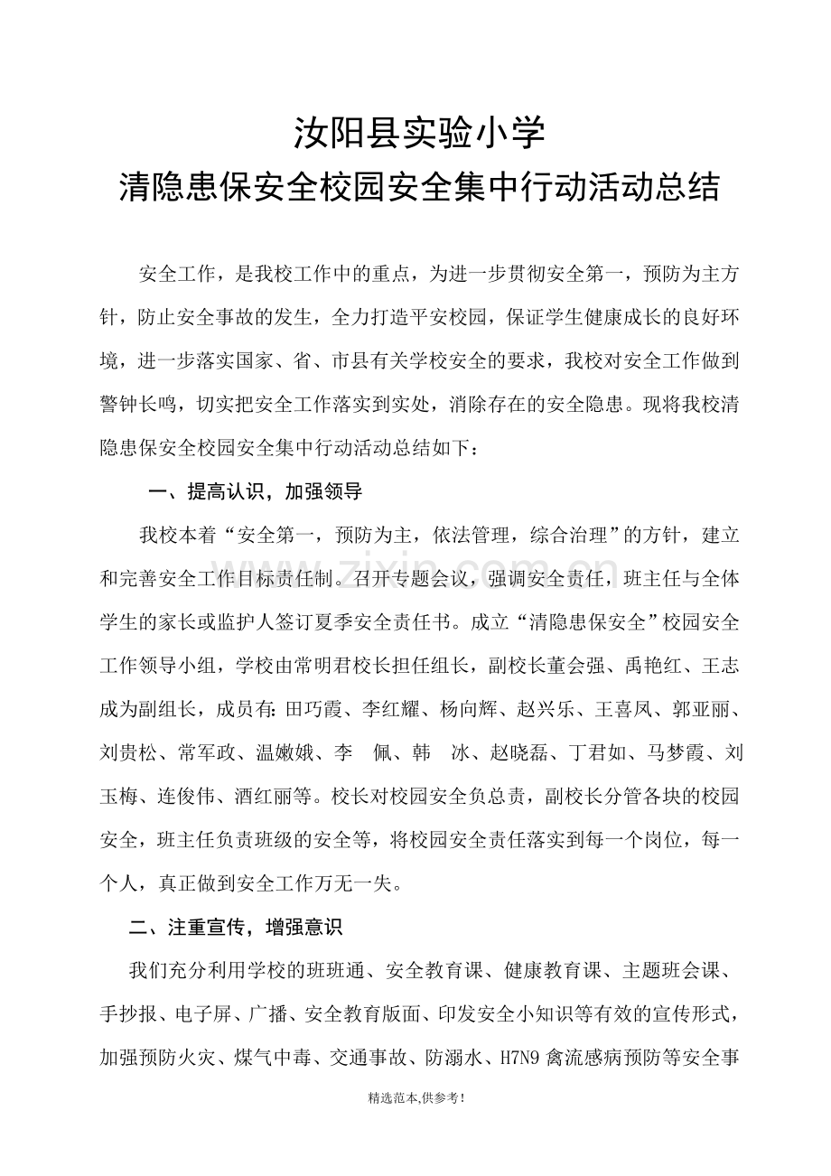 实验小学清隐患保平安集中行动实施方案总结.doc_第1页