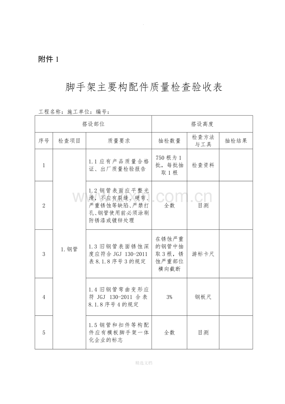 脚手架主要构配件质量检查验收表.doc_第1页