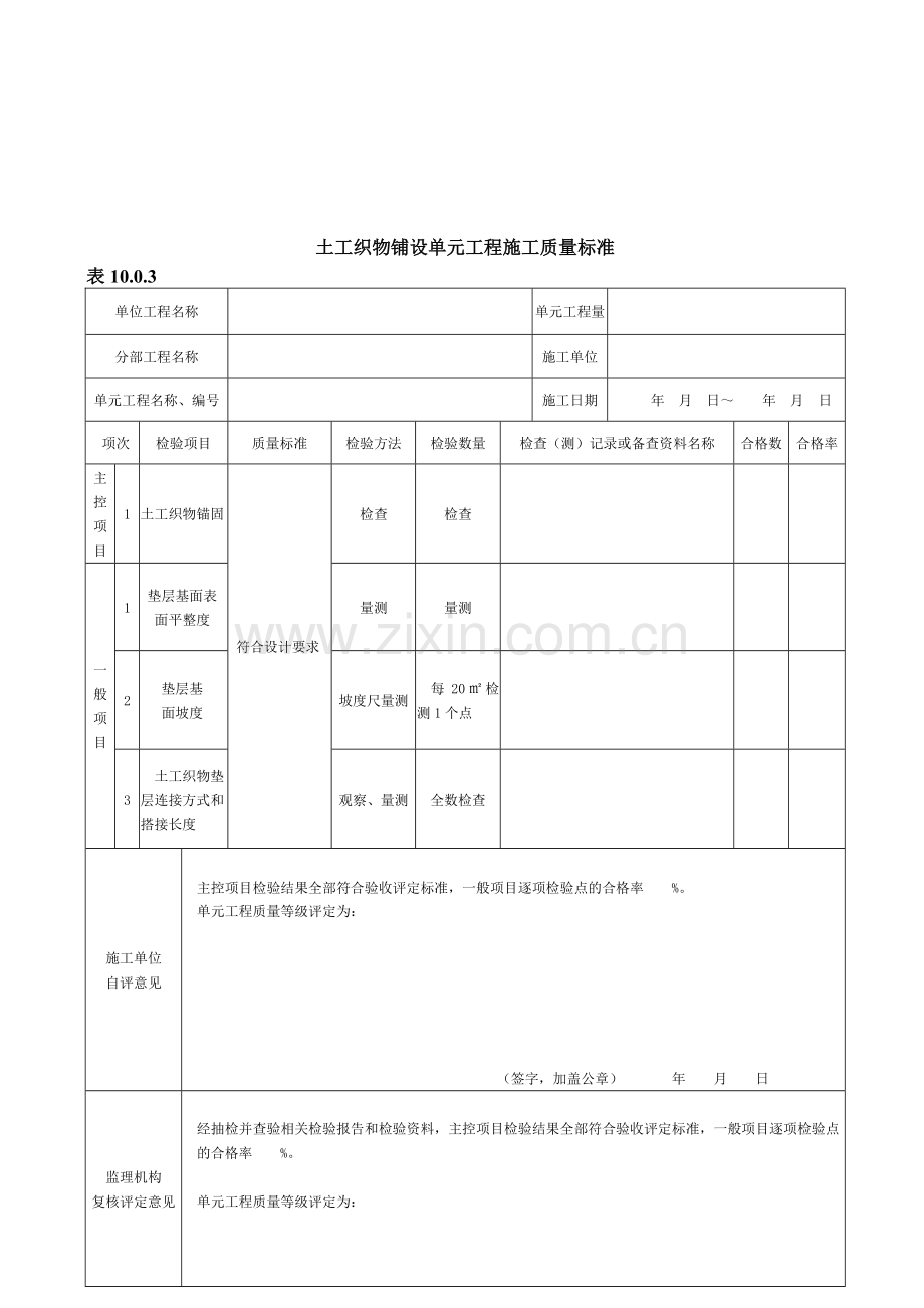 2013年新版土工织物铺设单元工程施工质量验收评定表.doc_第1页