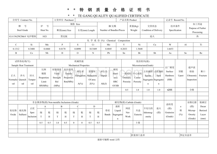 钢材材质书(质量合格证明书).doc_第1页