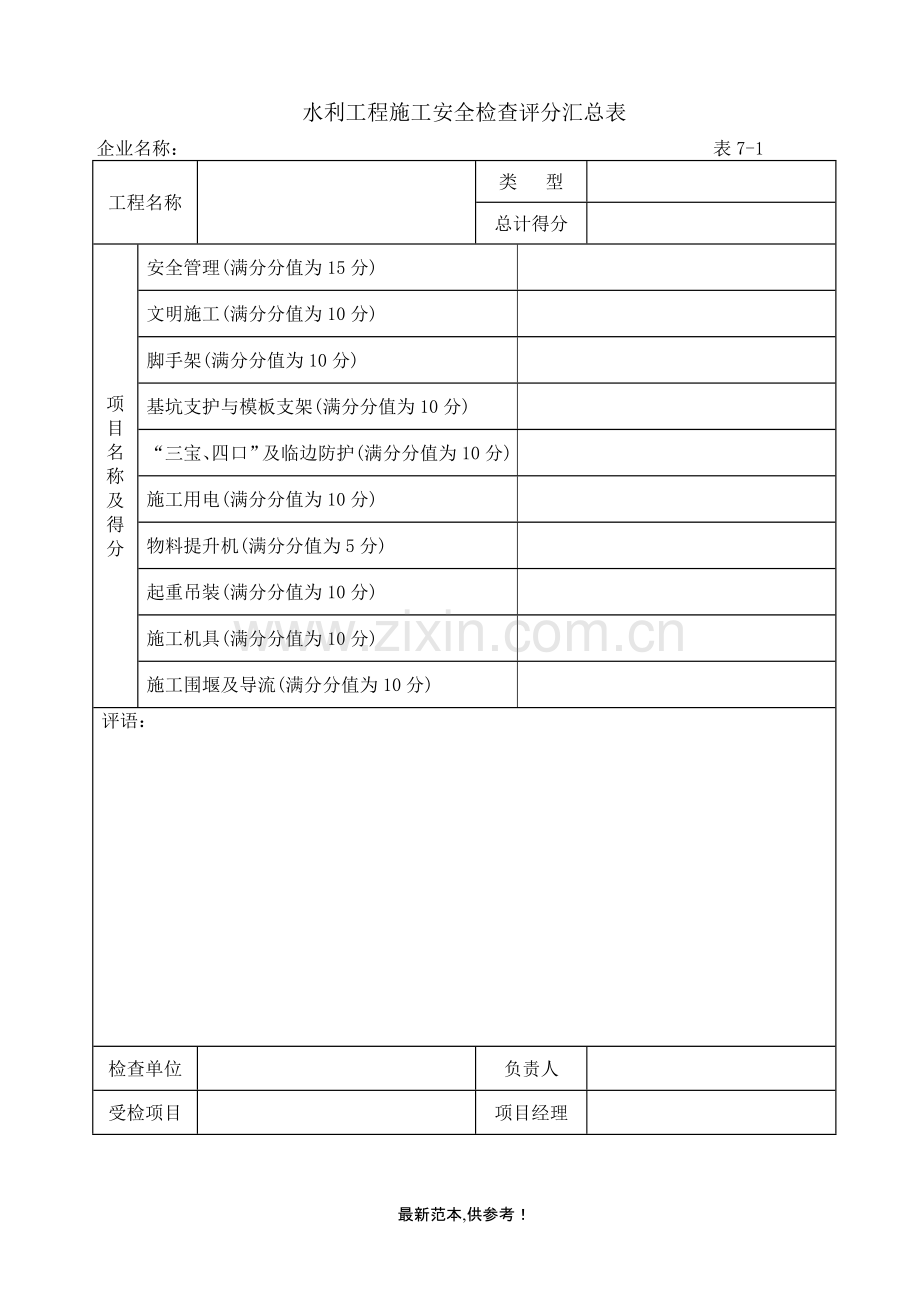 水利工程安全检查评分表.doc_第1页