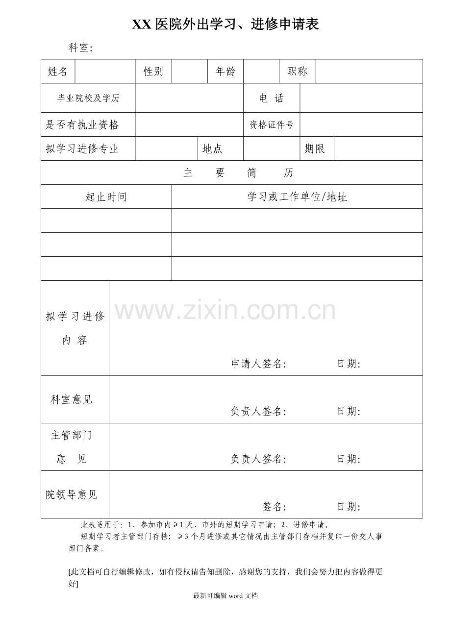 医院外出学习、进修申请表7.doc_第1页