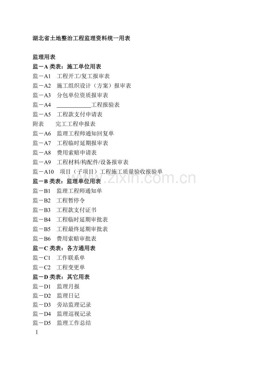 湖北省土地整治工程监理统一用表.doc_第1页