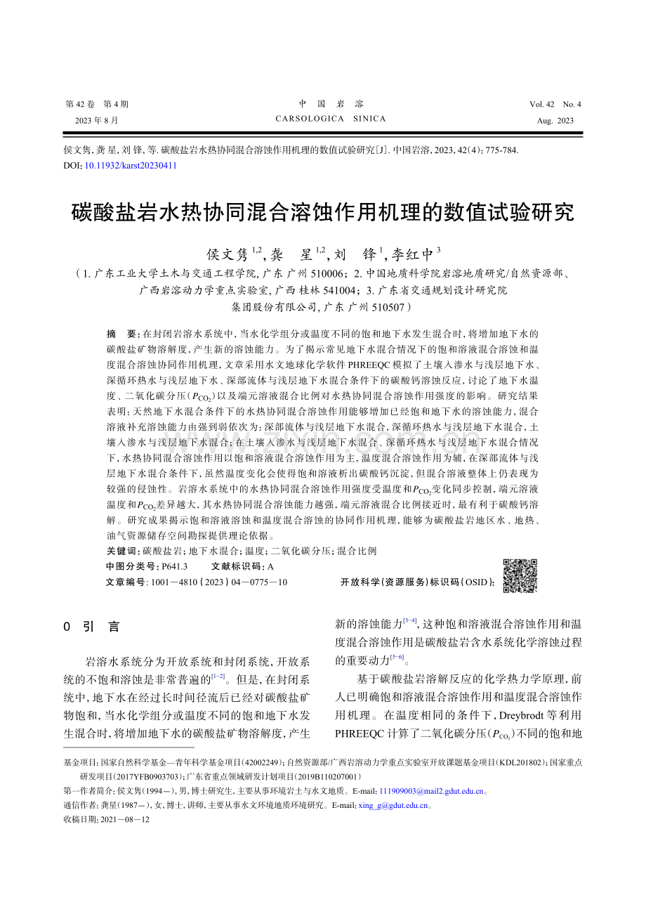 碳酸盐岩水热协同混合溶蚀作用机理的数值试验研究.pdf_第1页