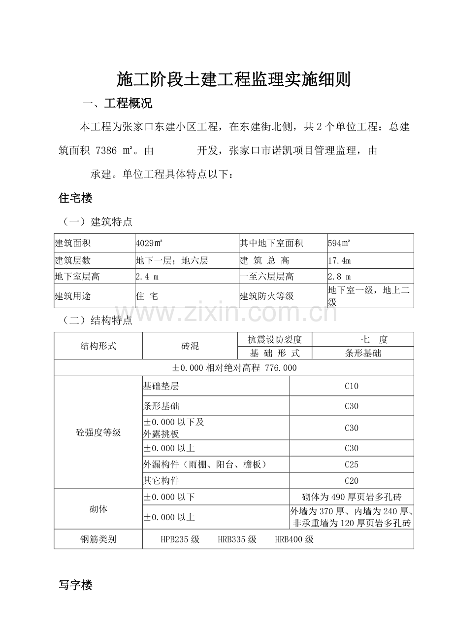 施工阶段土建工程监理实施细则样本.doc_第1页