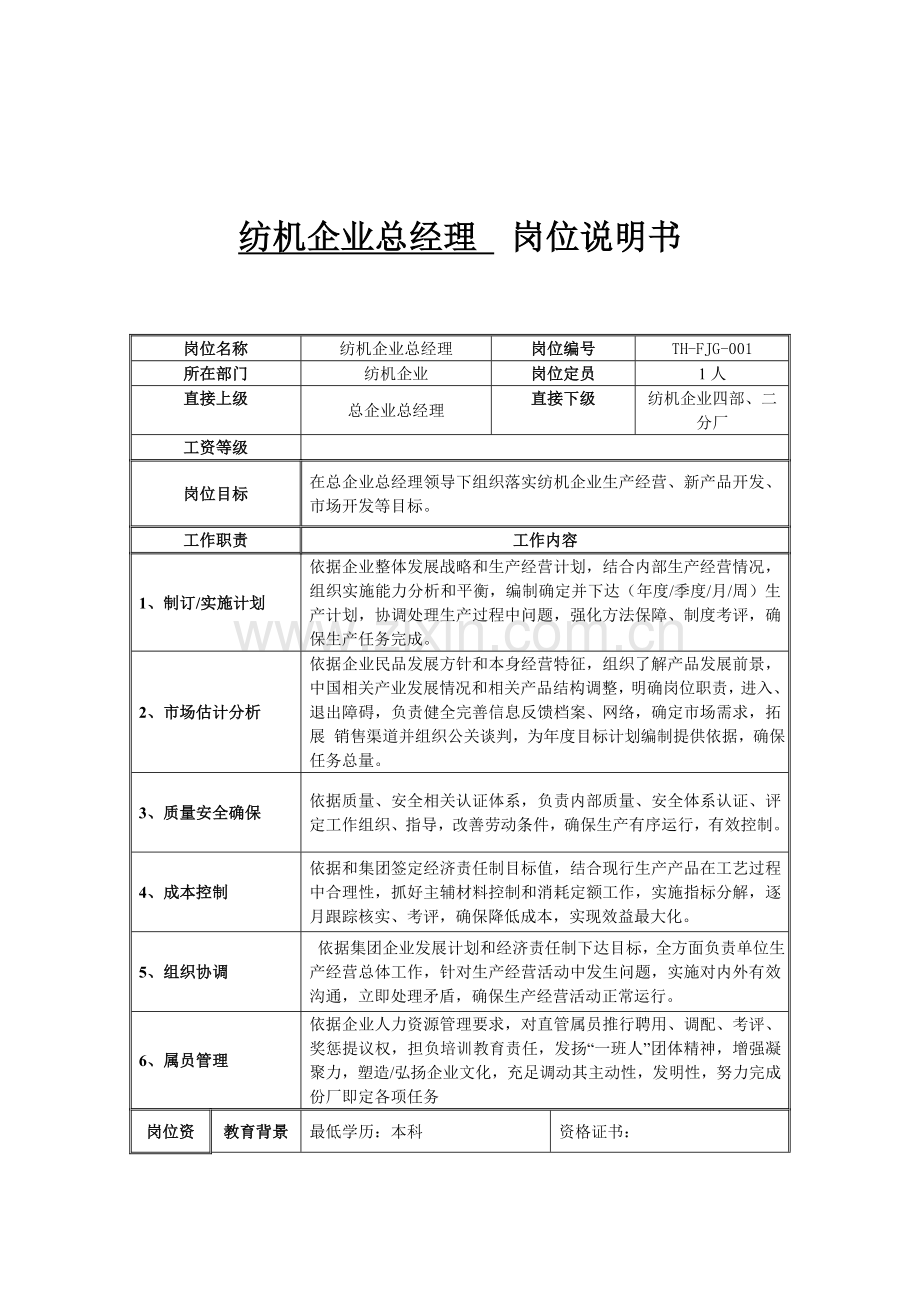 纺机公司总经理的岗位说明书样本.doc_第1页