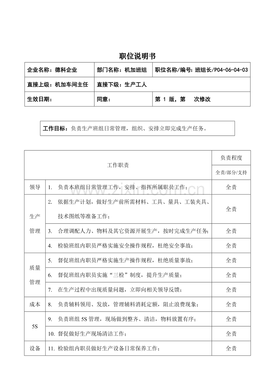 机加班班组长职位说明书样本.doc_第1页