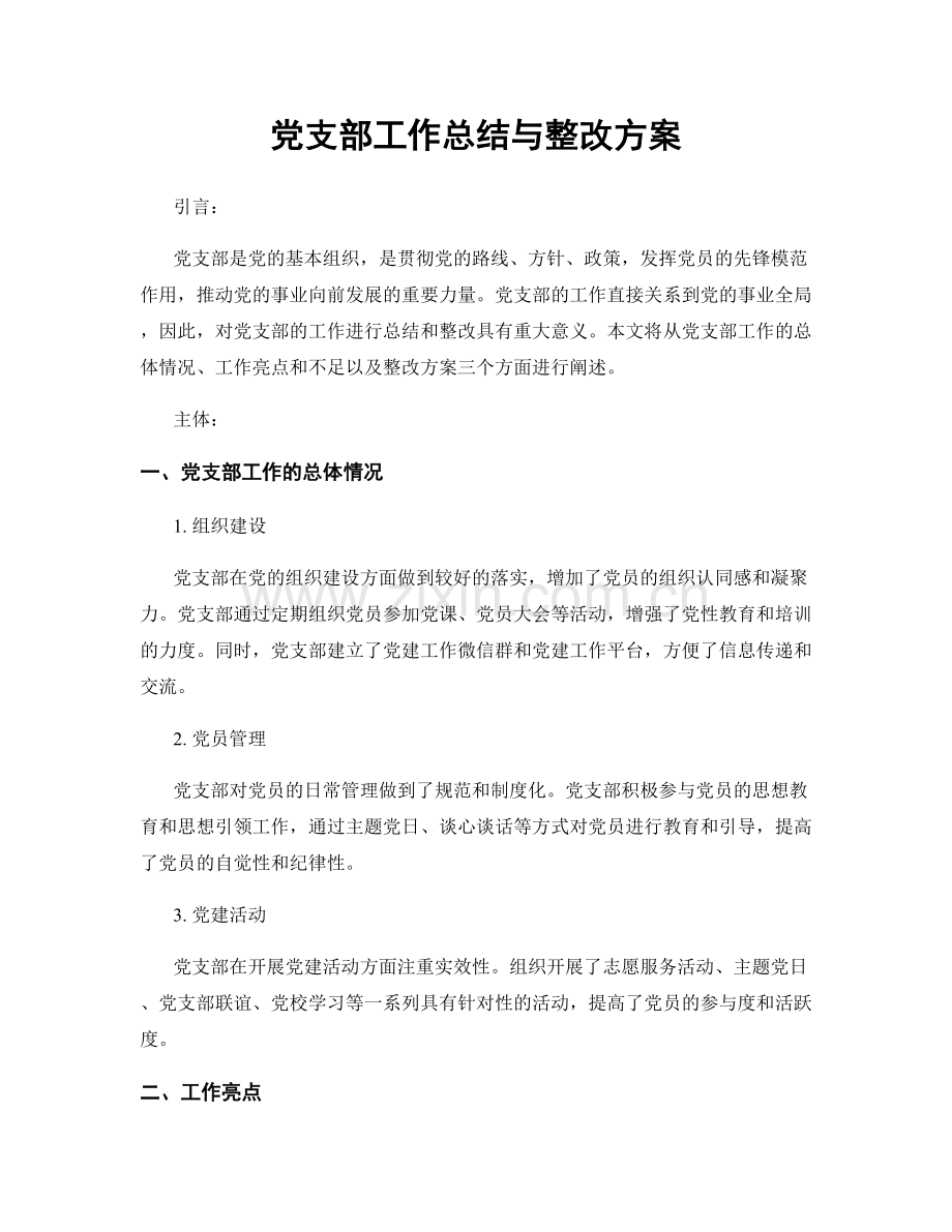 党支部工作总结与整改方案.docx_第1页