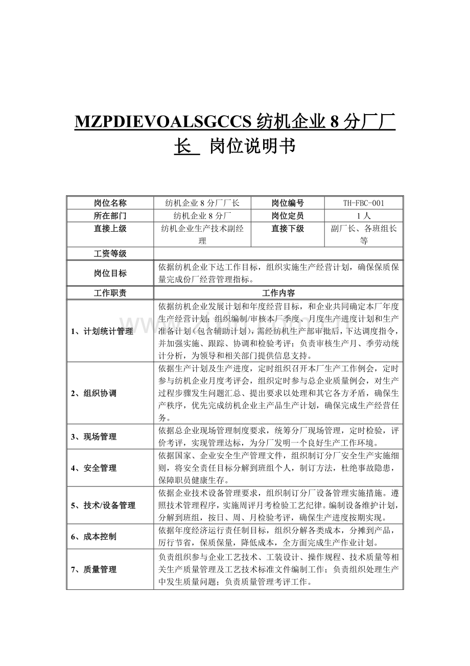 纺机公司分厂厂长的岗位说明书样本.doc_第1页