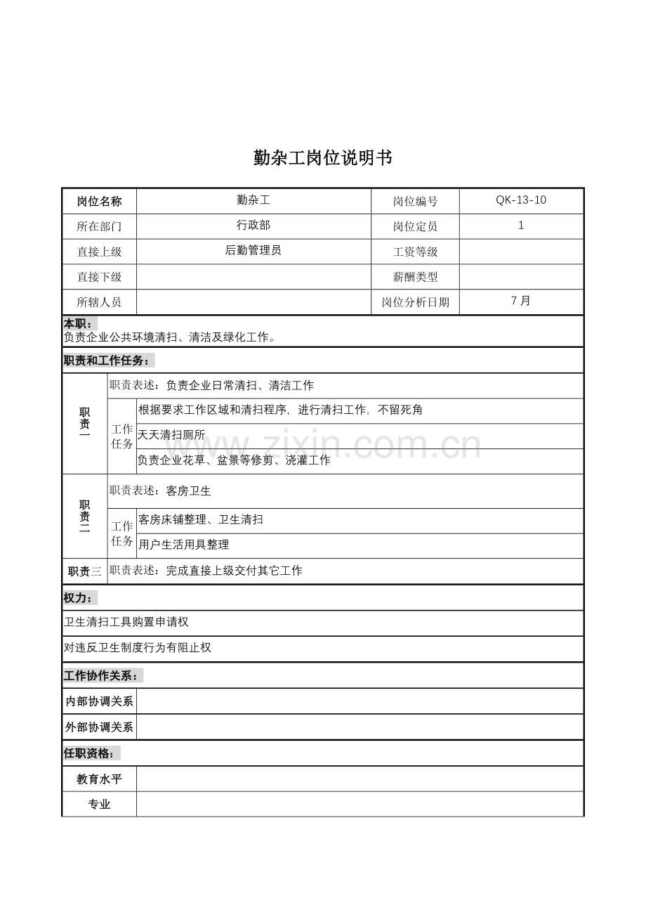 木业公司行政部勤杂工岗位职责样本.doc_第1页