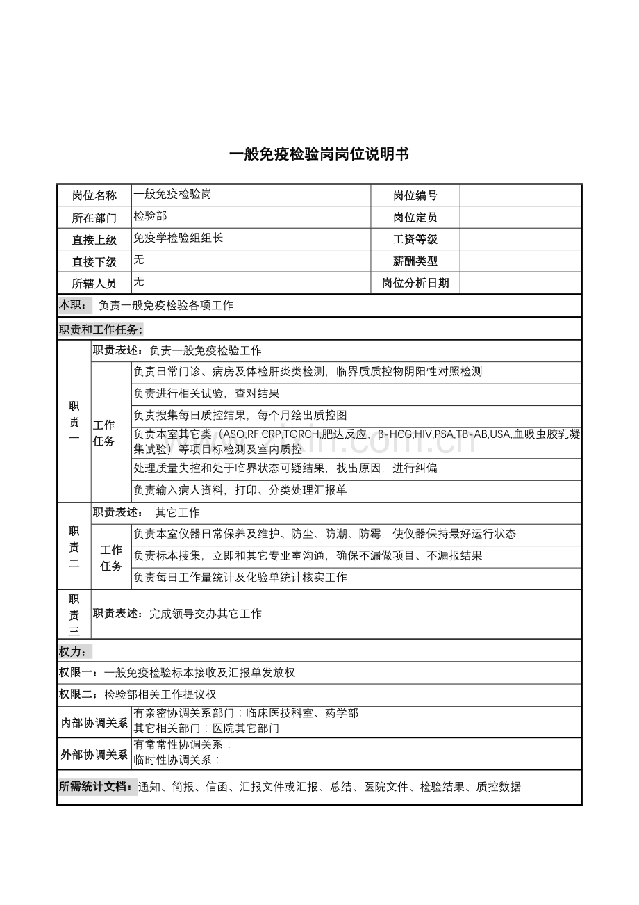 检验部普通免疫检验岗岗位职责样本.doc_第1页