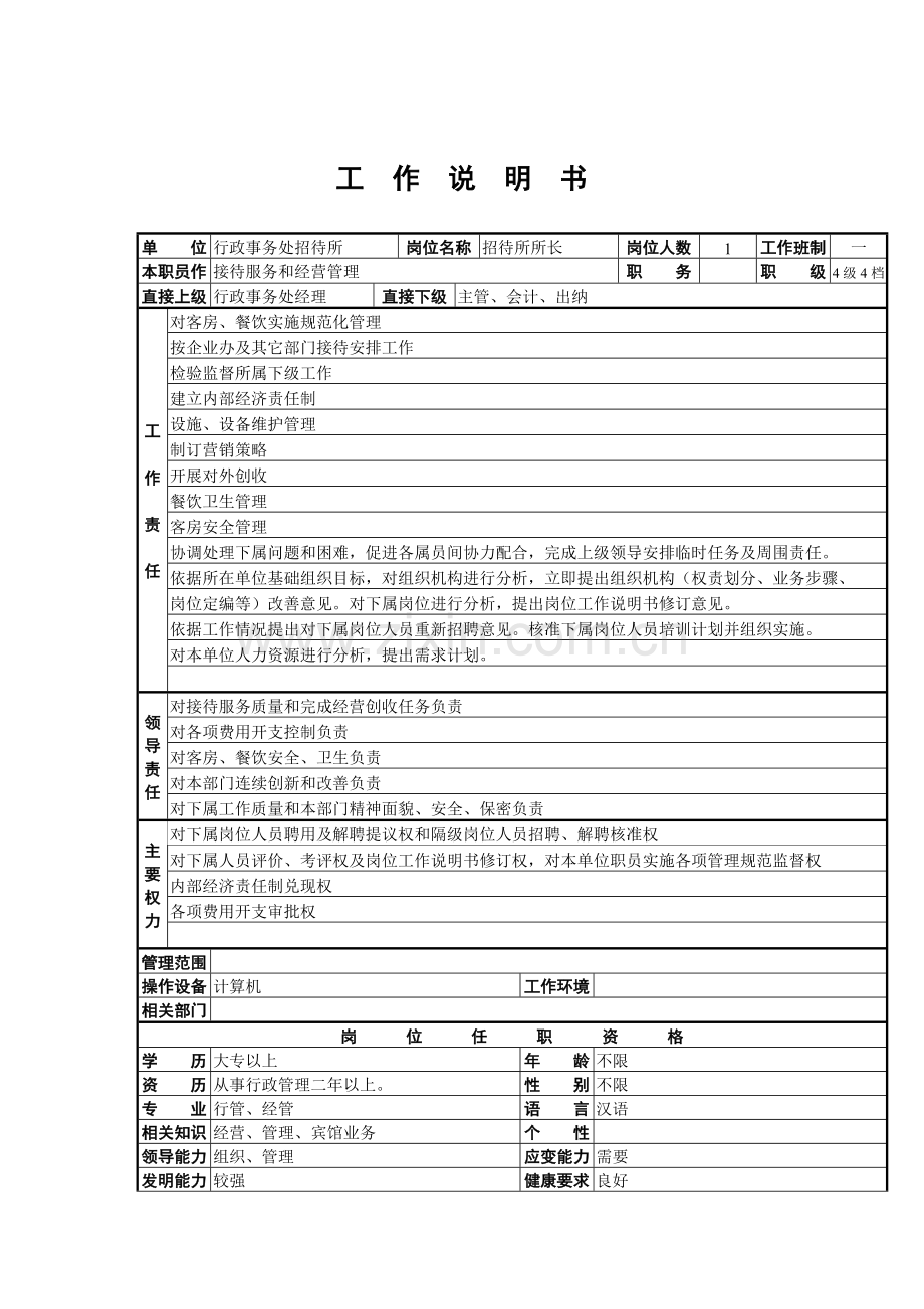 行政事务处招待所所长职务说明书样本.doc_第1页