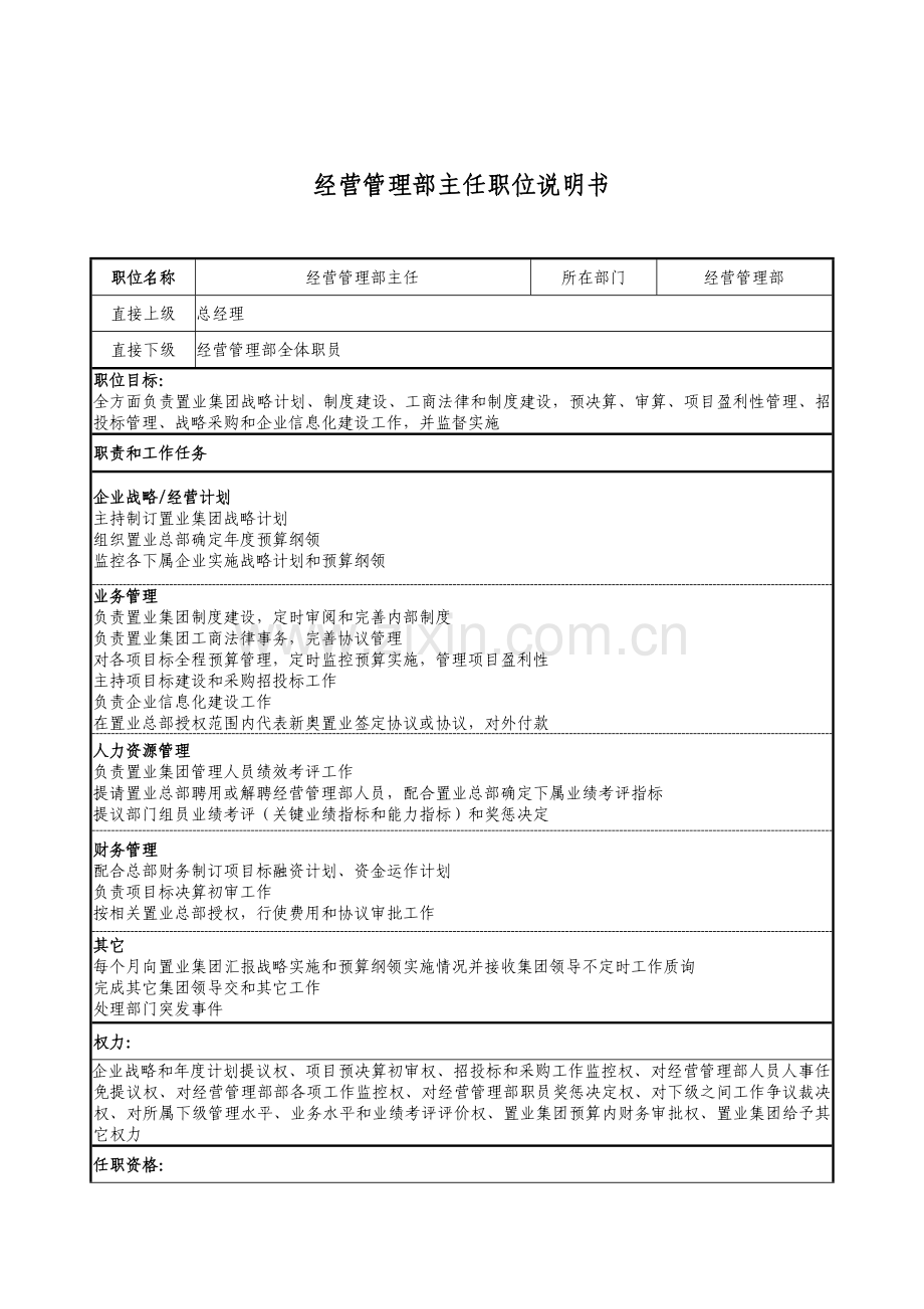 经营管理部主任职位说明书样本.doc_第1页