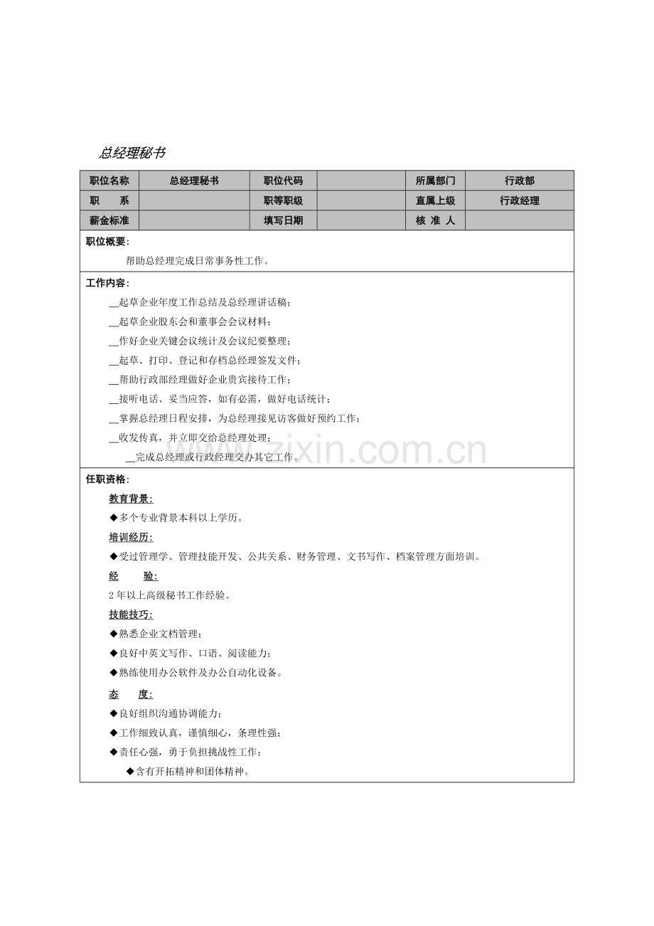 行政部总经理秘书岗位职责样本.doc_第1页