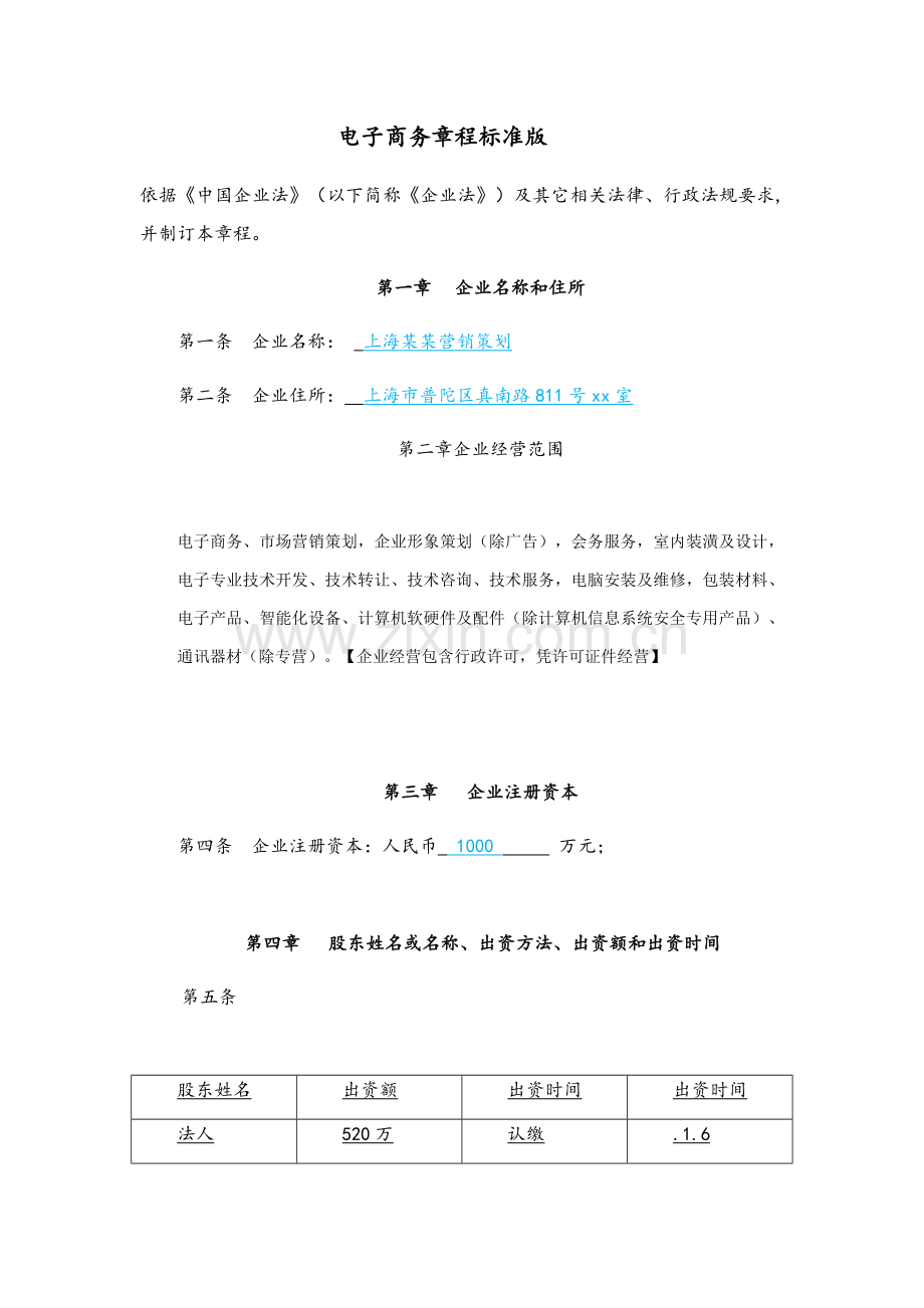 电子商务有限公司标准章程基础标准版.docx_第1页