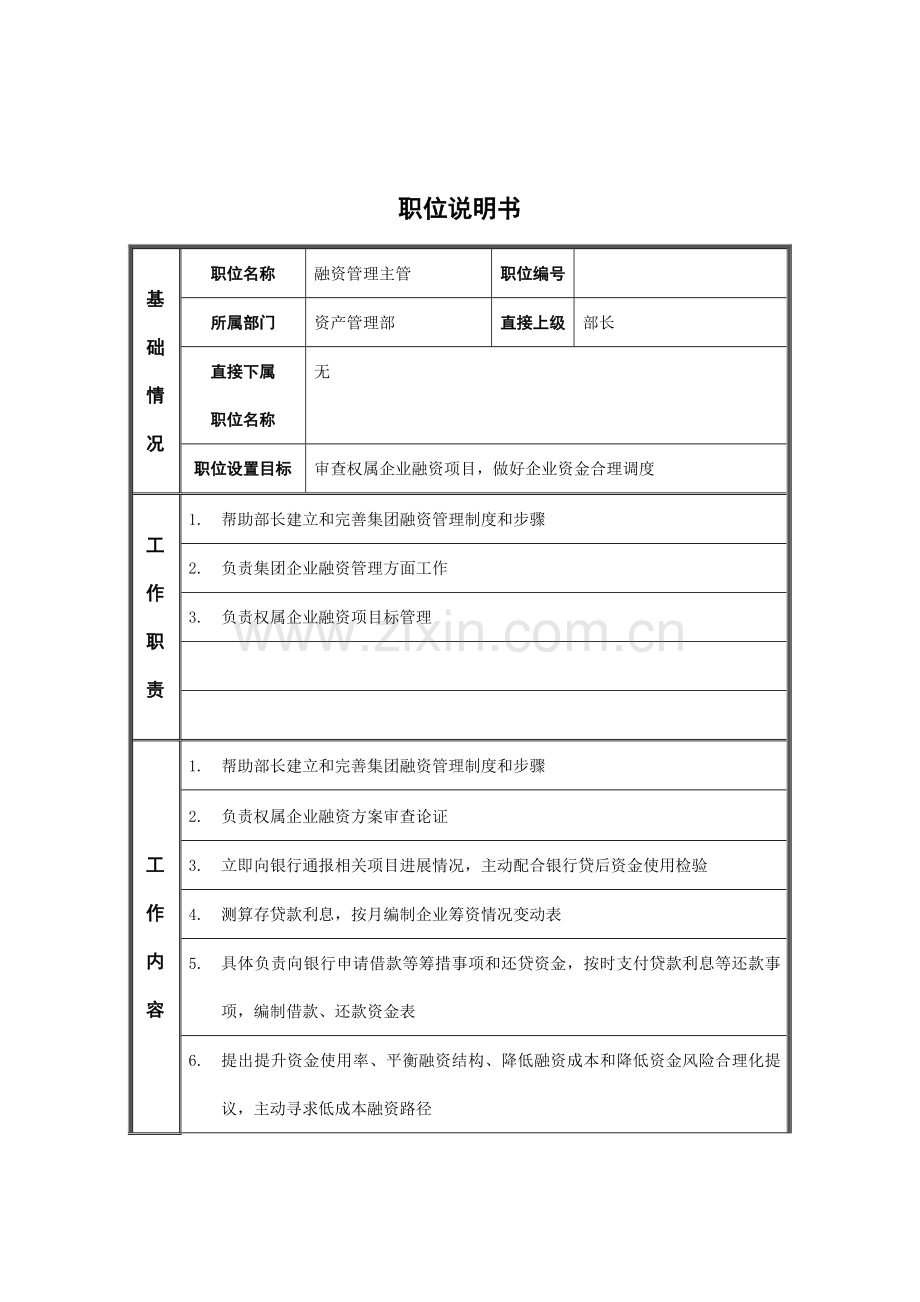 融资管理主管的职位说明书样本.doc_第1页