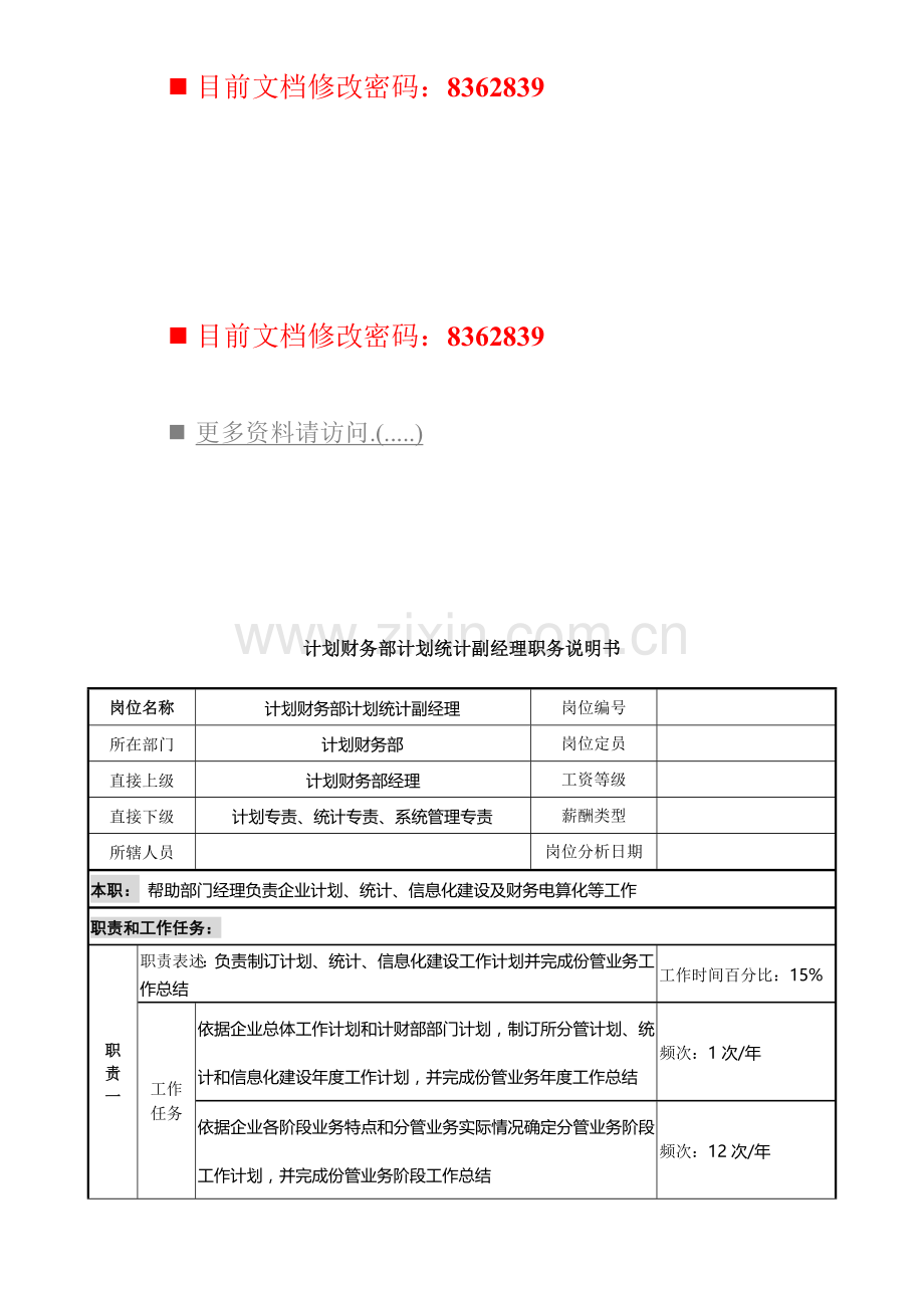 计划财务部计划统计副经理工作说明书样本.doc_第1页