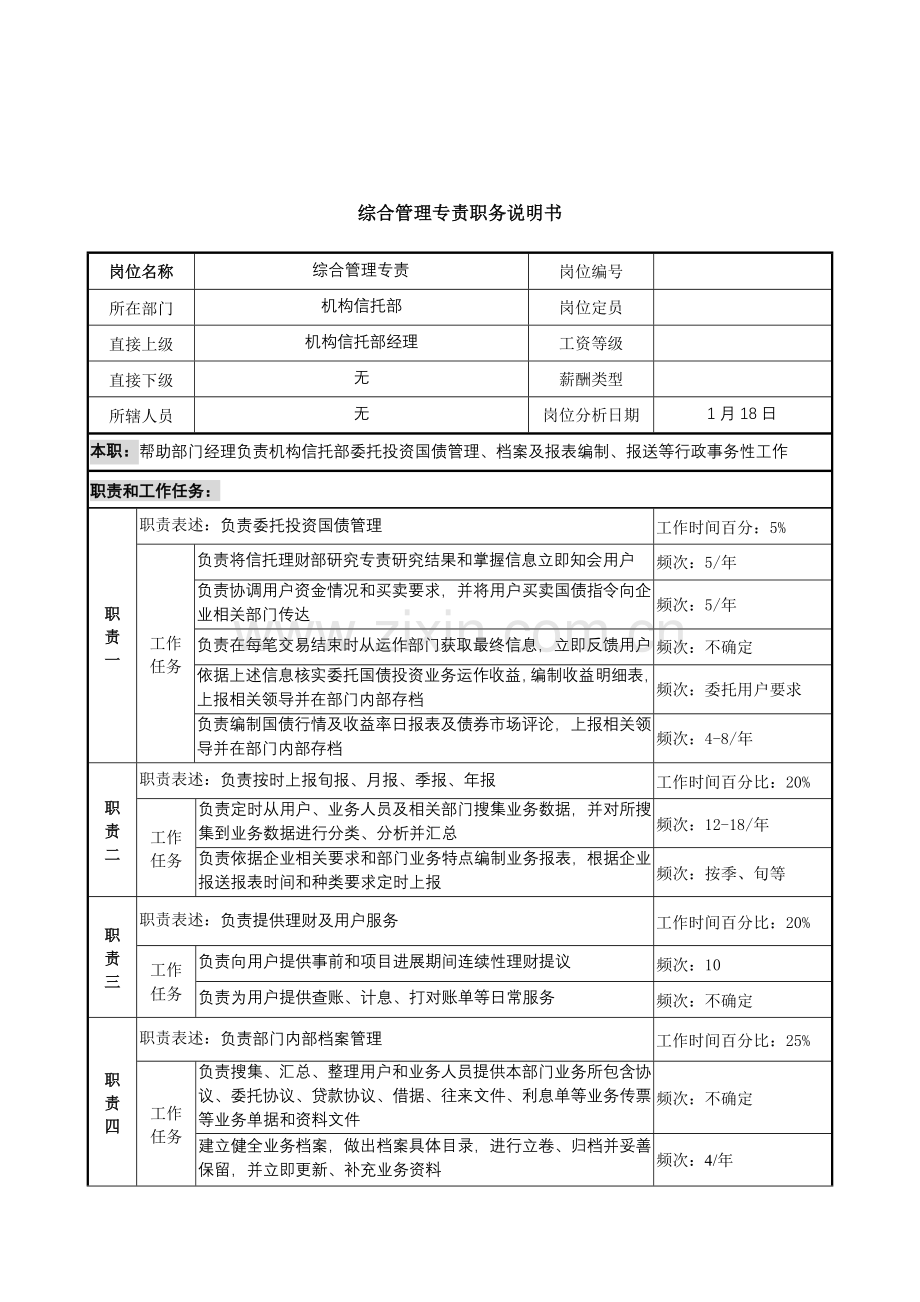 机构信托部综合管理专责岗位职责样本.doc_第1页