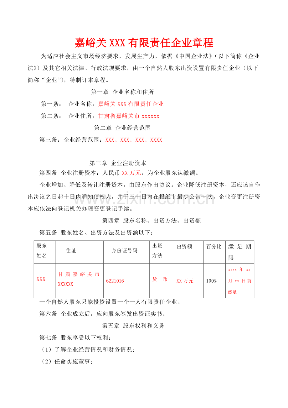 有限责任公司新版章程范本一人.doc_第1页