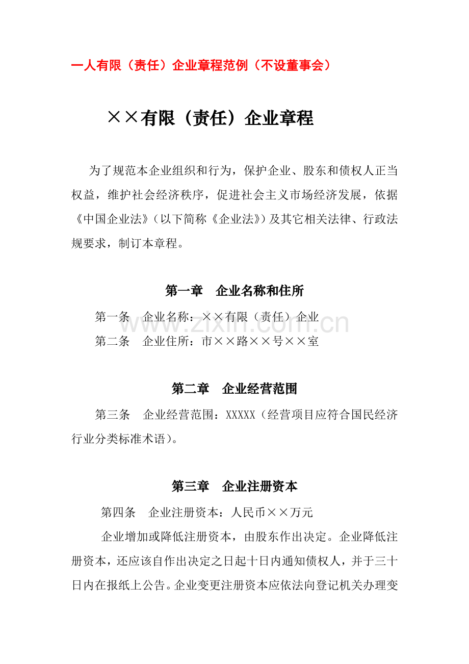 一人有限责任公司标准章程范例不设董事会.doc_第1页