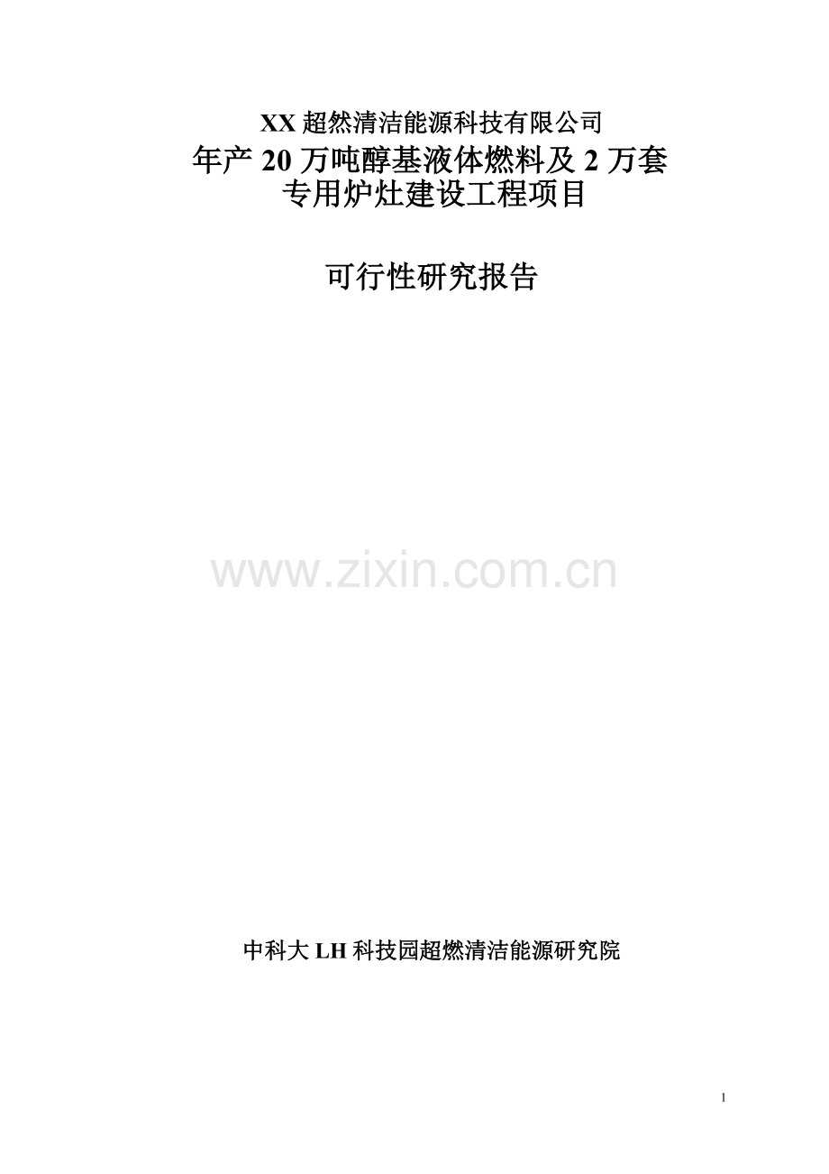 x能源公司年产20万吨醇基液体燃料及2万套专用炉灶建设工程可行性研究报告.doc_第1页