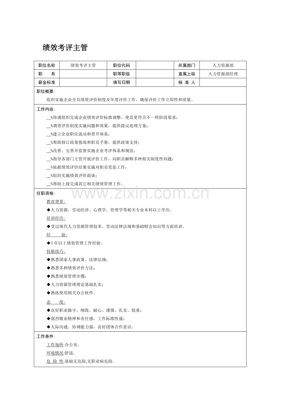 绩效考核主管岗位职责样本.doc_第1页