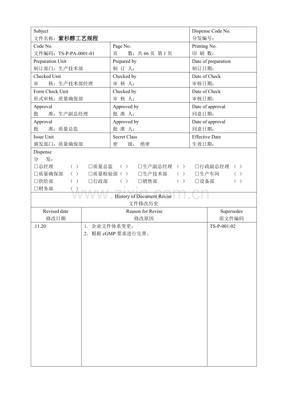 紫杉醇工艺规程模板模板.docx_第1页