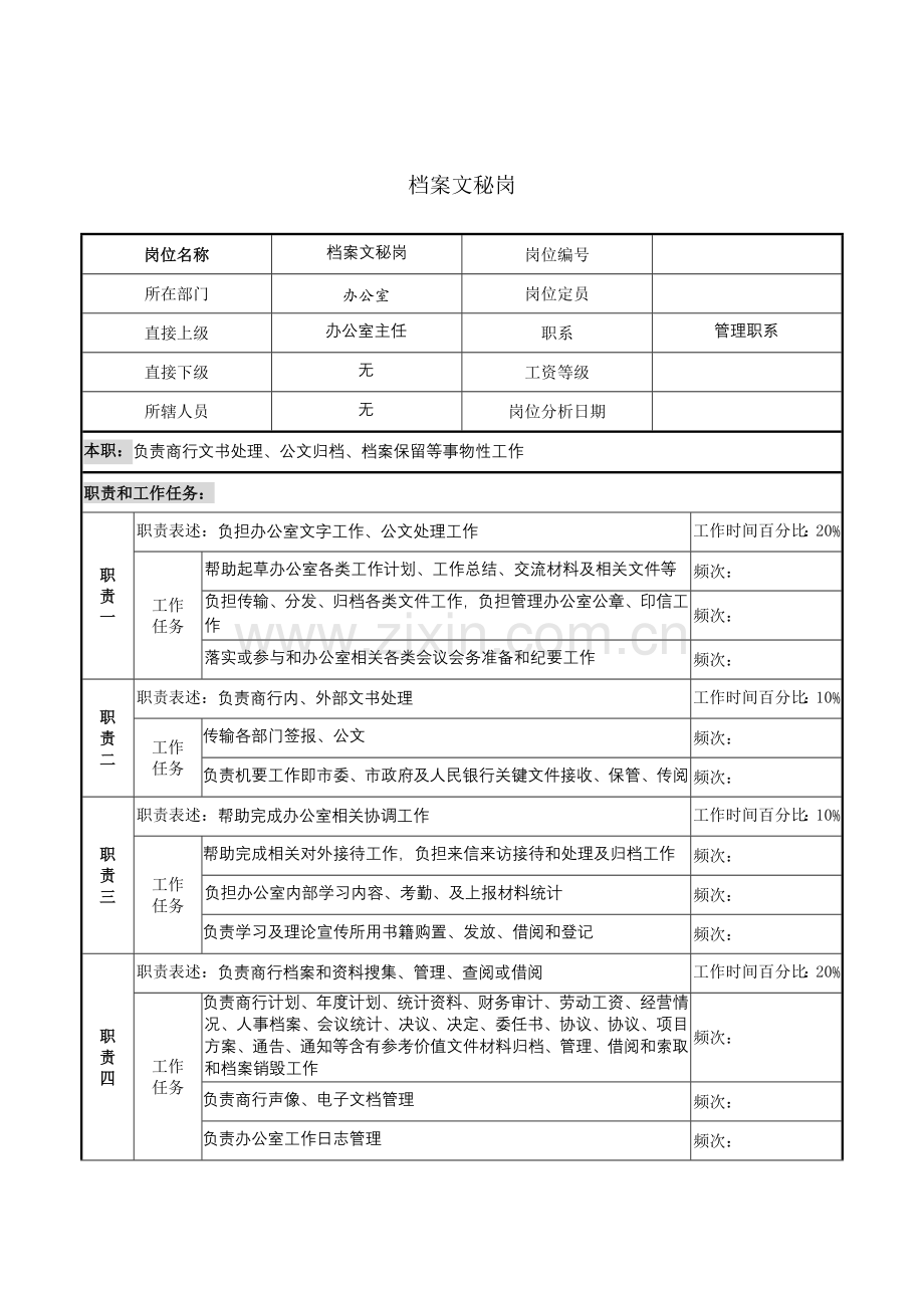 档案文秘岗职务说明书样本.doc_第1页