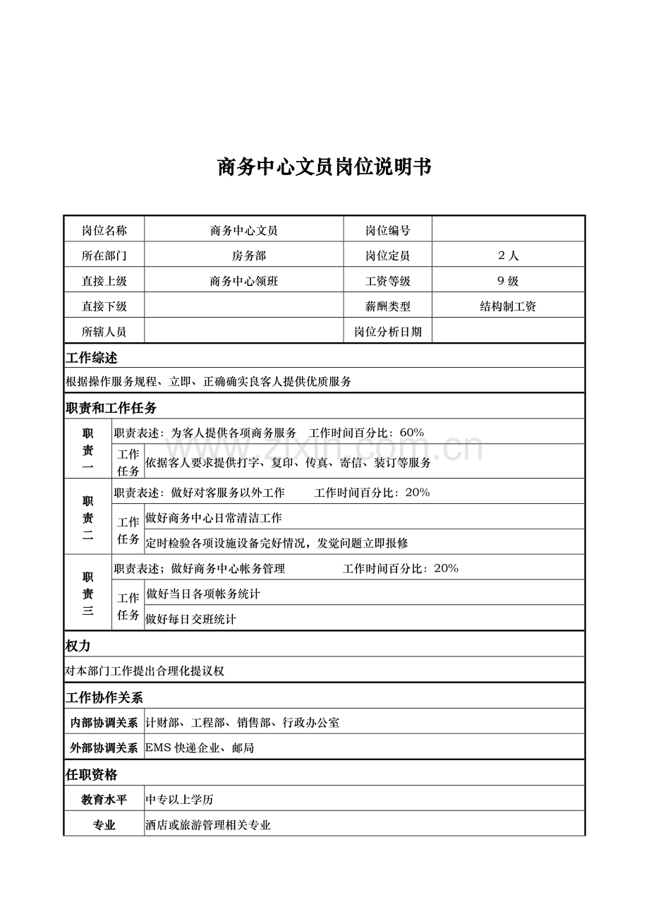 房务部商务中心文员岗位职责样本.doc_第1页