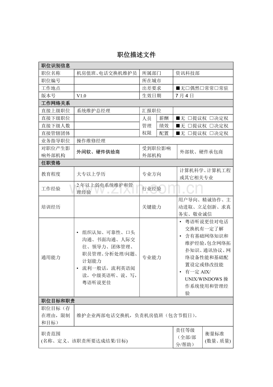 机房值班、电话交换机维护员岗位职责样本.doc_第1页