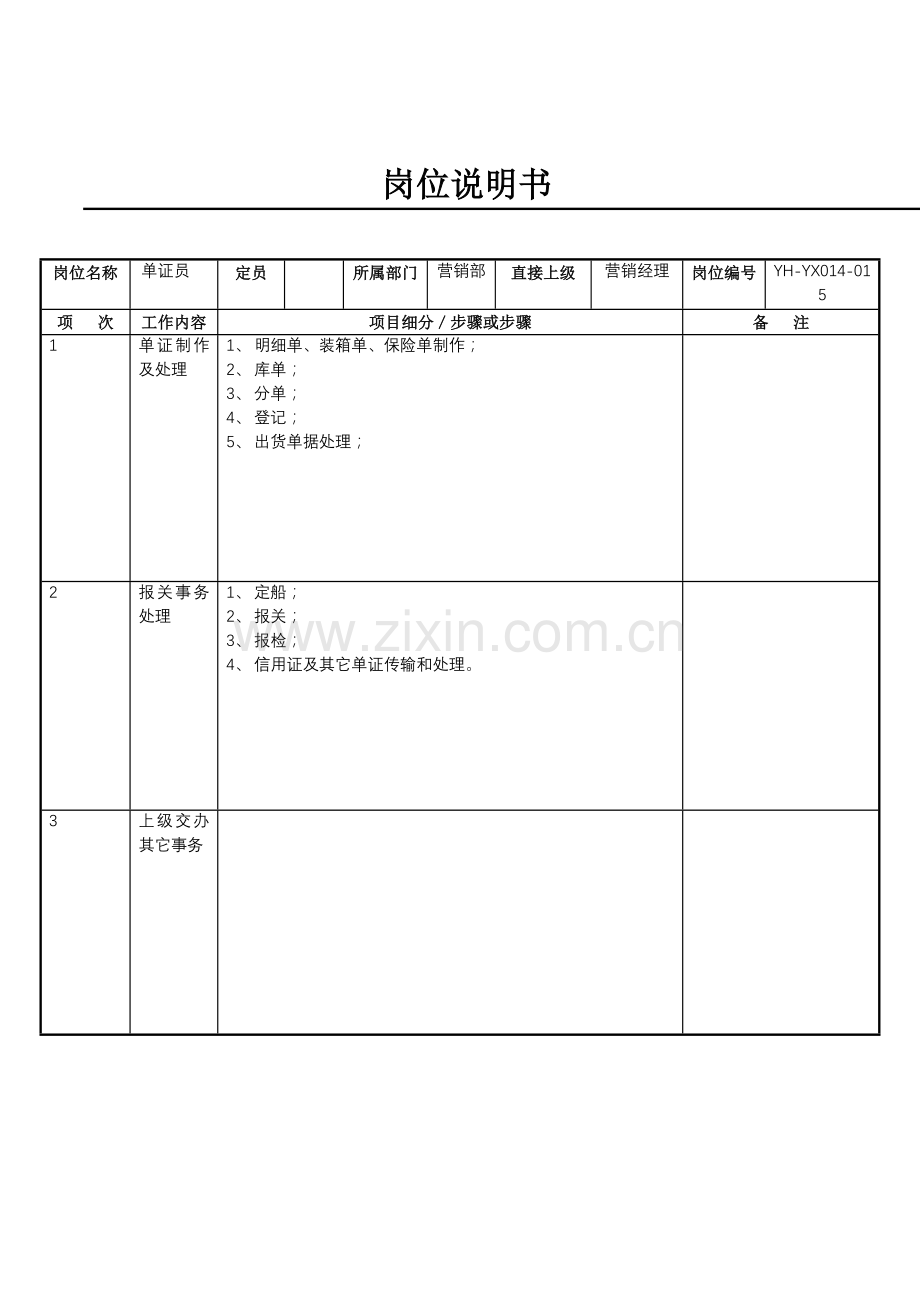 营销部单证员职务说明书样本.doc_第1页