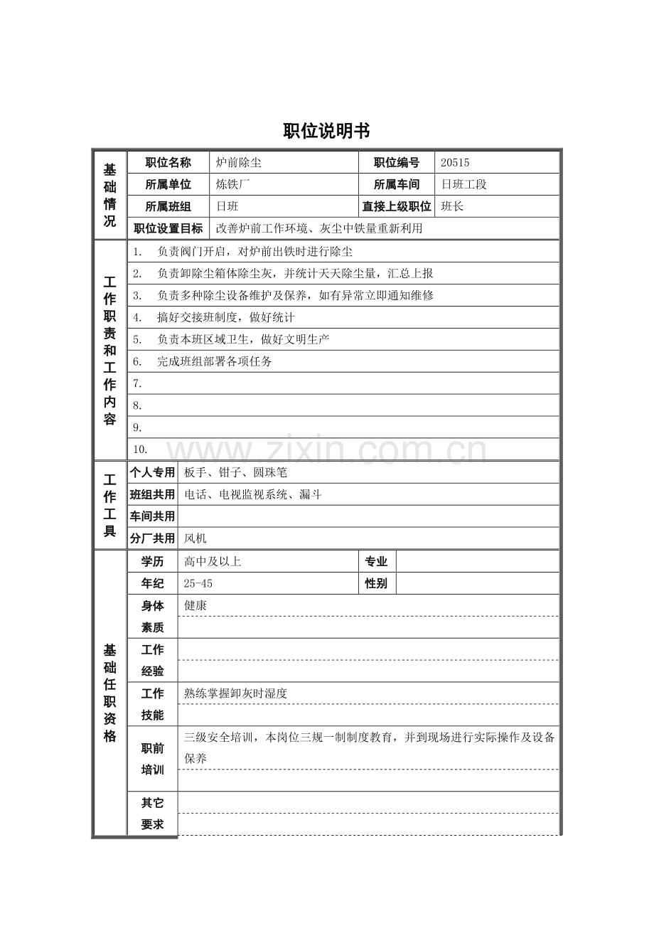 日班工段炉前除尘岗位职责样本.doc_第1页